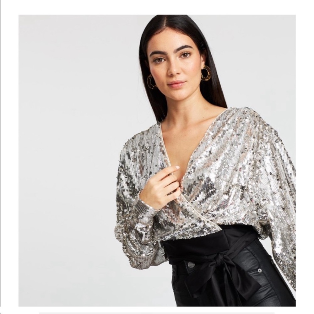 ROTATE *Samantha* silver sequin 80s disco style wrap top XS S M L